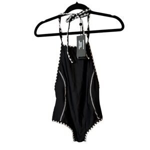SAME SWIM Los Angeles One Piece Swimsuit Black XS Halter Crochet Trim‎ NWT